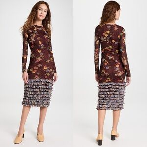 🆕 MOLLY GODDARD Nanette Floral Printed Mesh Midi Dress Brown Sz 8 US